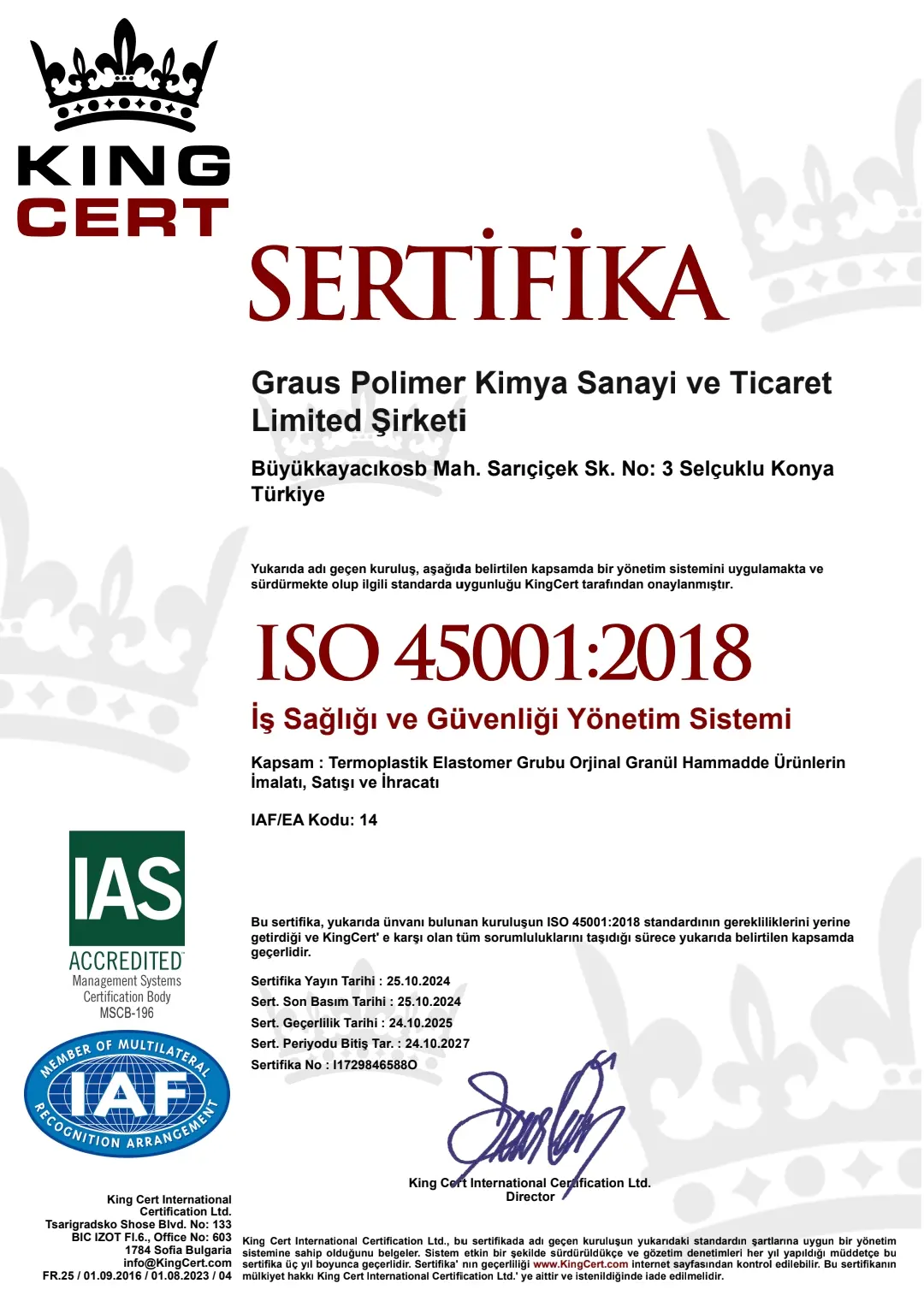 ISO 45001:2018 İş Sağlığı ve Güvenliği Yönetim Sistemi